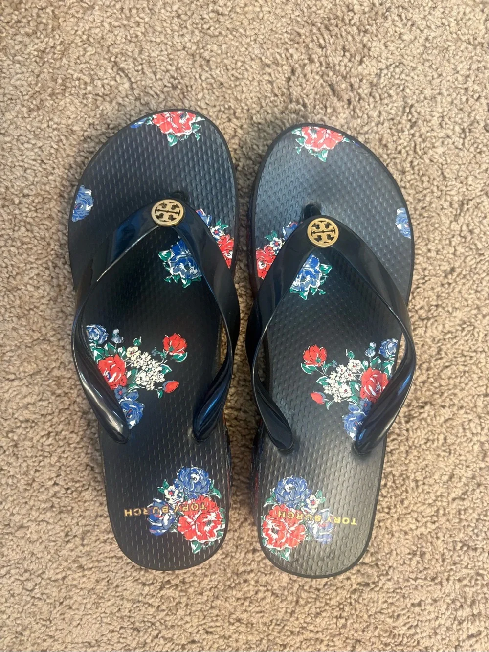 Tory Burch Black Flip Flops with Red, Blue & Green Floral Pattern - Picture 1 of 5
